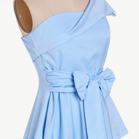 SHEIN Fold Over One Shoulder Belted Tailored Peplum Top - Picture 2 of 5